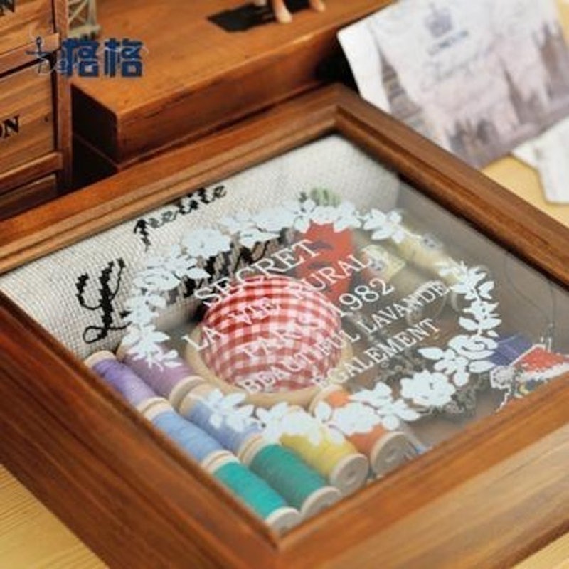 十字繡工具收納正方形復古木盒 1