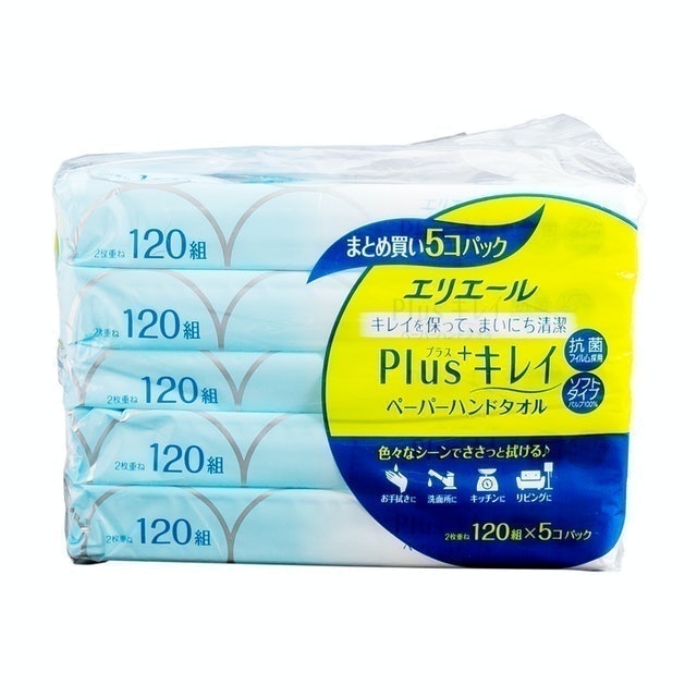 elleair Plus+ 潔淨擦手紙 120抽 5入裝 1