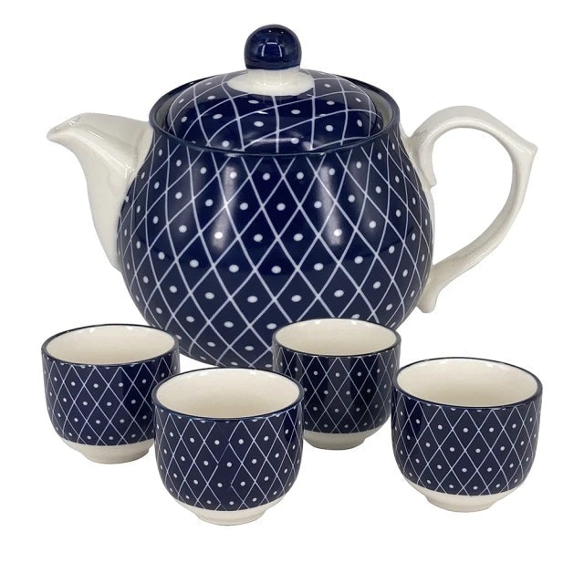 復古藍色系圓點陶瓷茶具組 1