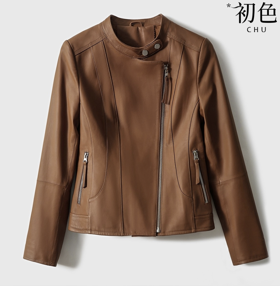 圓領長袖側拉鍊皮衣外套 1