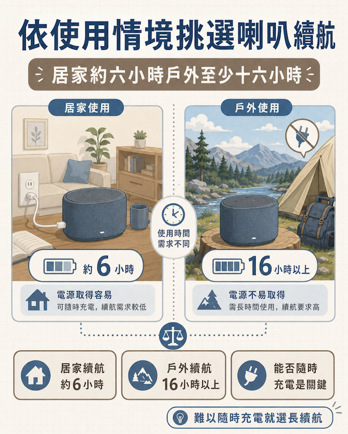 居家使用續航約6小時已夠用,露營或長途旅遊則鎖定16小時以上款式
