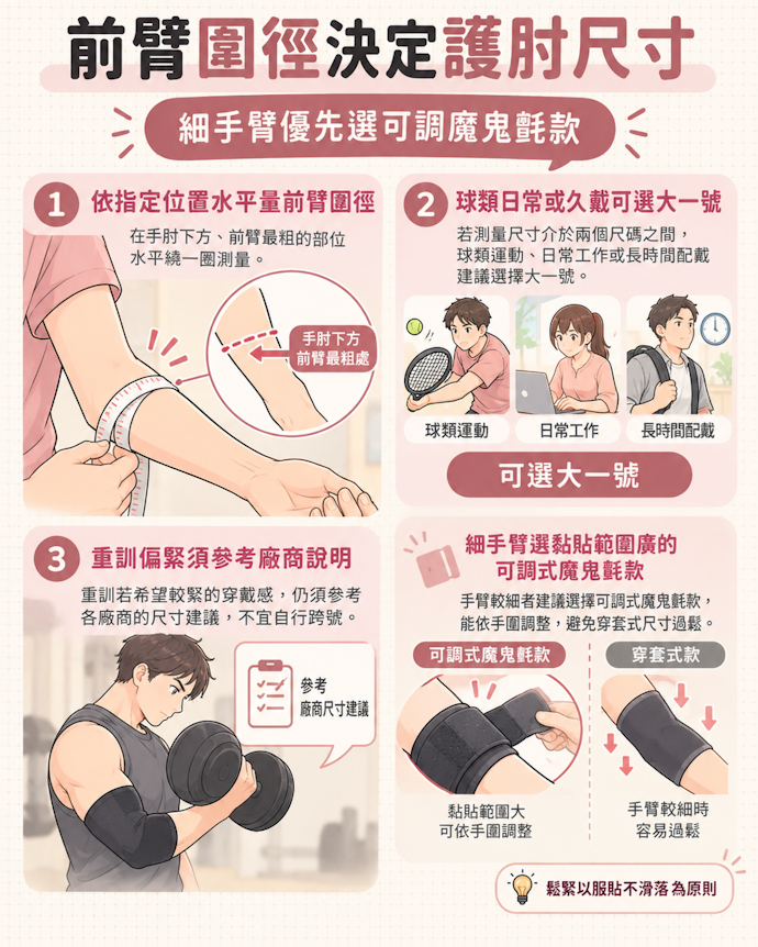 尺寸以「前臂圍徑」為準,手臂較細者適合魔鬼氈式