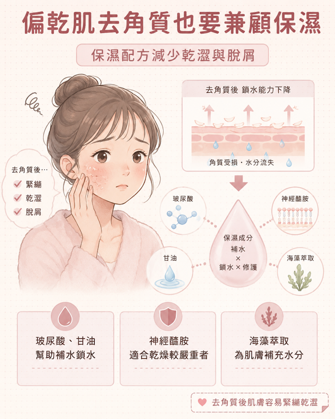 偏乾性肌需搭配玻尿酸、海藻萃取等保濕配方