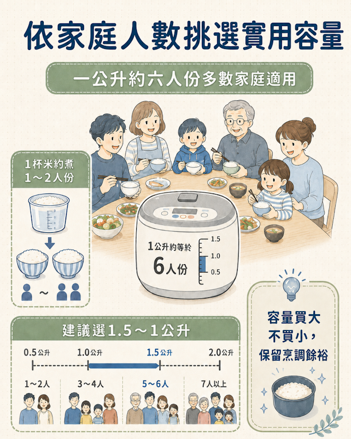 依家庭人數選擇容量,1公升或6人份最實用
