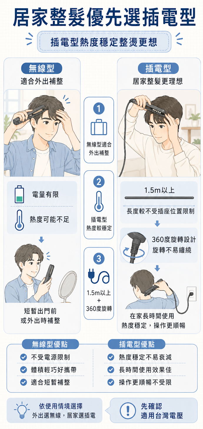 通常插電型熱度較足夠,1.5m以上的電源線較不受地點限制