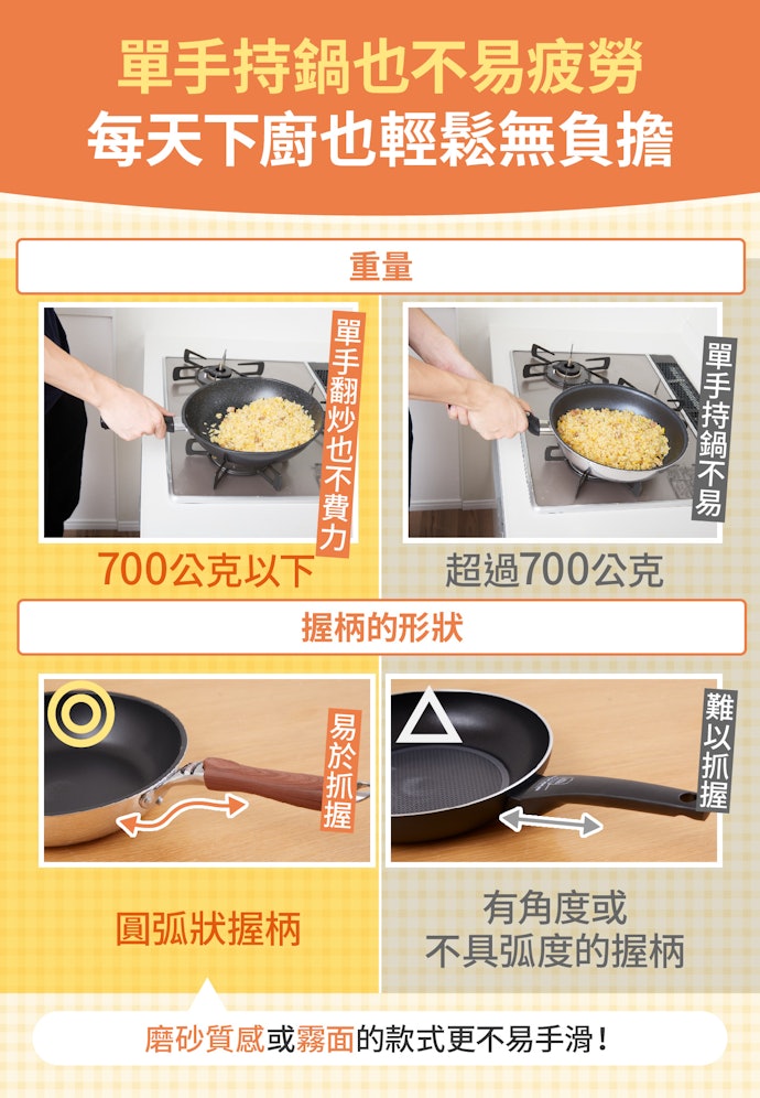 追求輕量選700克以下,圓弧握柄則易抓握
