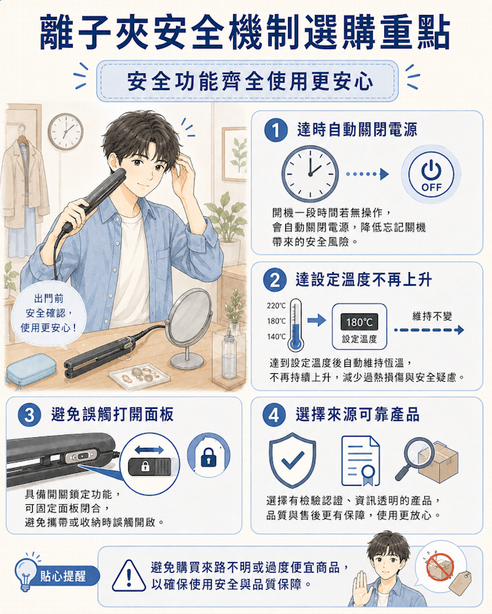 確認有無自動斷電等安心機制,並選品質有信譽的廠牌