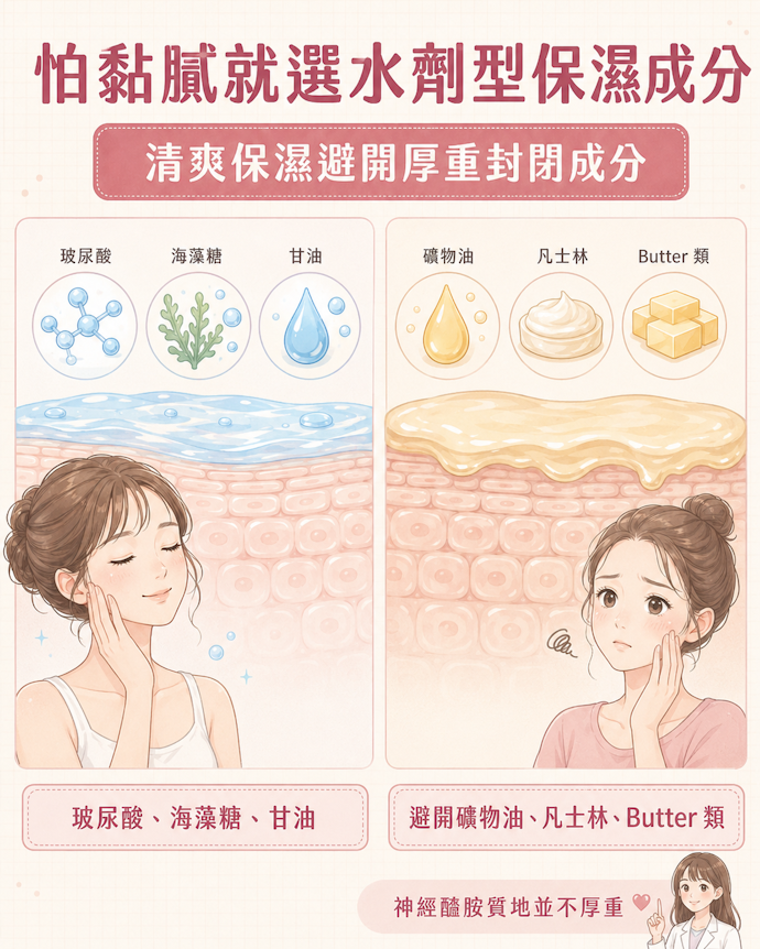 不喜歡黏膩適合玻尿酸、海藻糖等水劑型質地