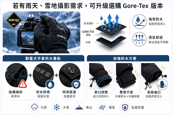 若有雨天、雪地攝影需求,可升級選購Gore-Tex版本