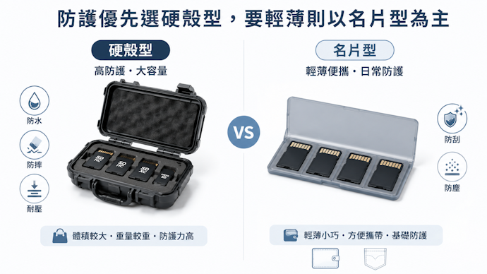 防護優先選硬殼型,要輕薄則以名片型為主