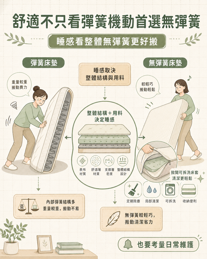 彈簧的有無不直接影響舒適度,機動性則以無彈簧較佳