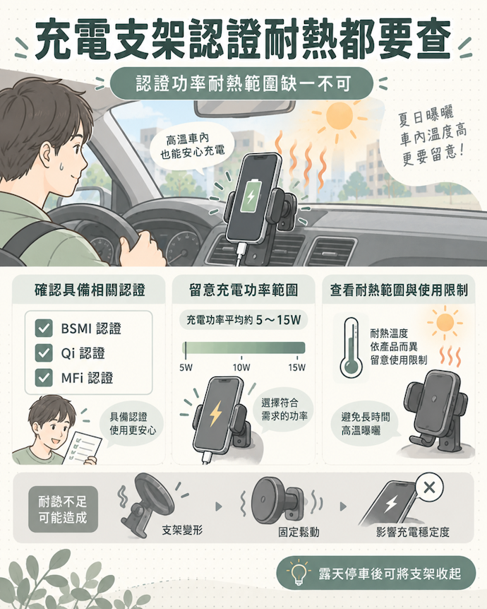 充電功能的支架務必確認BSMI等認證,並留意耐熱規格