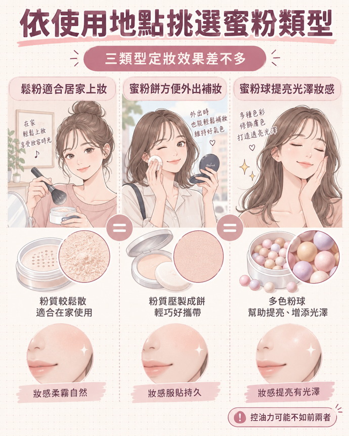 蜜粉餅、鬆粉及蜜粉球的定妝效果差不多,根據使用地點挑選即可