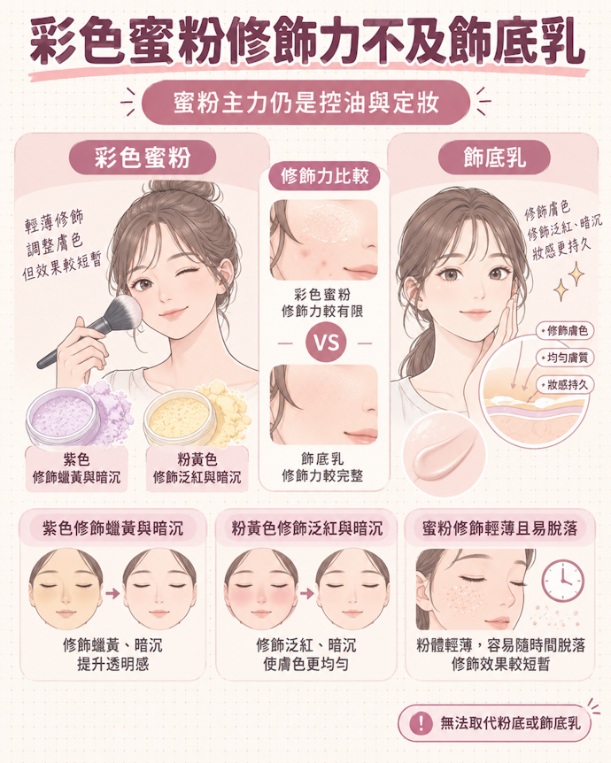 可藉不同顏色修飾膚色,但效果仍不及飾底乳