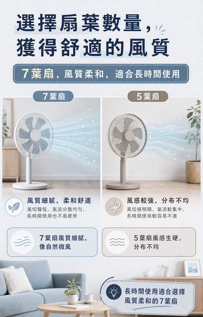 扇葉數量達7葉以上的風質更柔和舒適