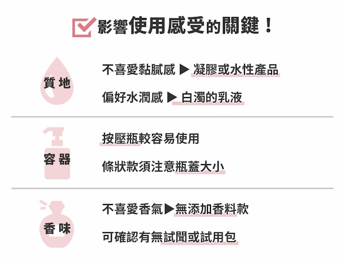 依需求選擇清爽或潤澤款,並考量香味