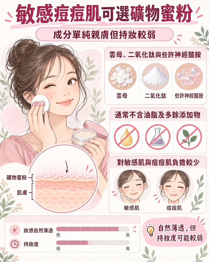 礦物蜜粉相對親膚,對敏感肌膚負擔較少