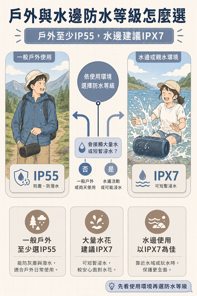 帶出門至少要有IP55,到海邊或水邊則建議升級至IPX7