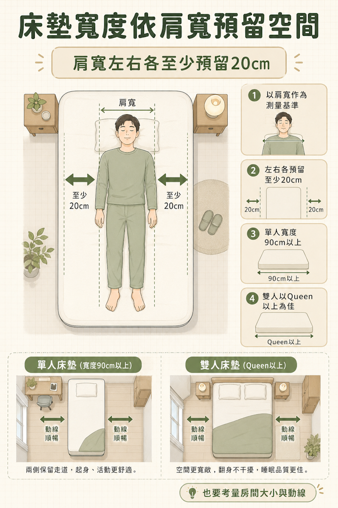 床墊尺寸以肩寬為基準,左右需各預留至少20cm