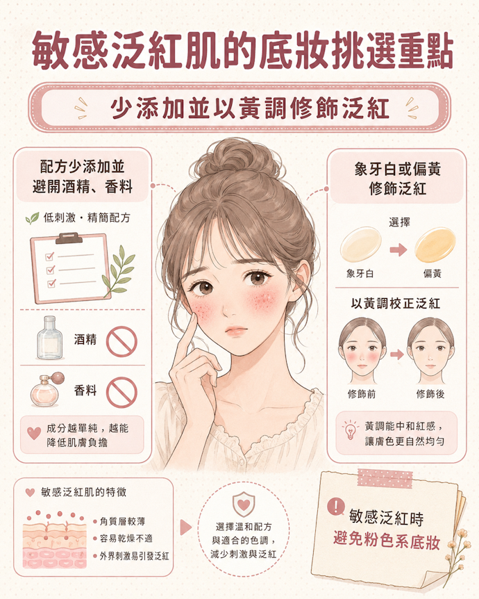 容易敏感應避免刺激性成分,並能以象牙白或偏黃色修飾泛紅