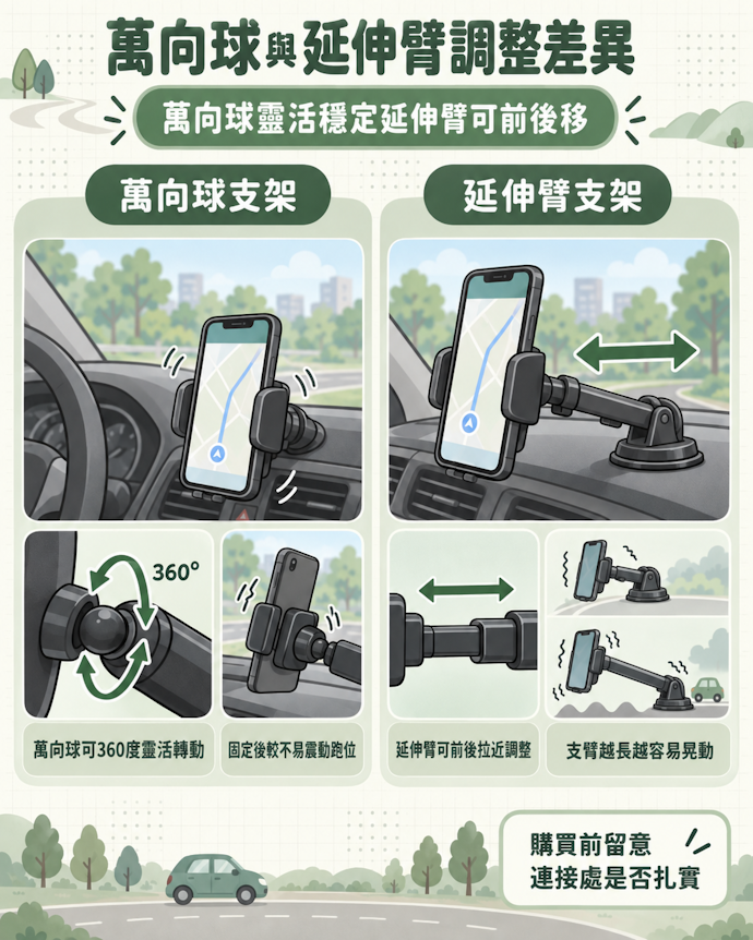 角度部分以萬向球的調整空間最大,延伸臂則有前後移動的優勢