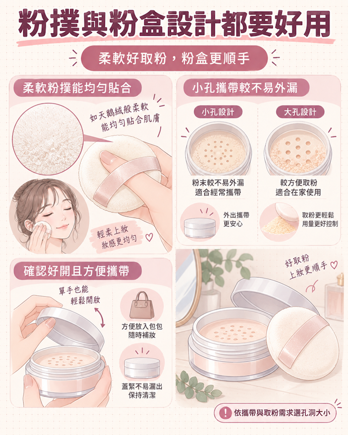 確認粉盒設計及隨附粉撲是否好用