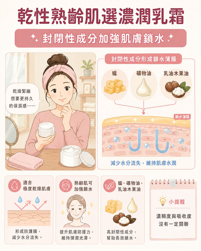 乾性肌或熟齡肌可選封閉性成分加強保濕鎖水