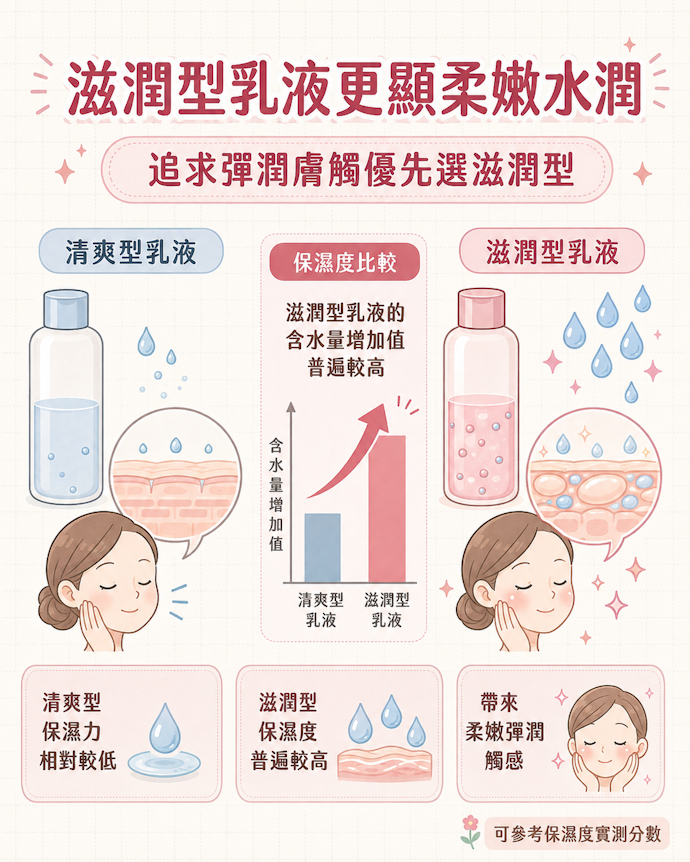 相較清爽型,滋潤型乳液能讓肌膚變得更加柔嫩水潤