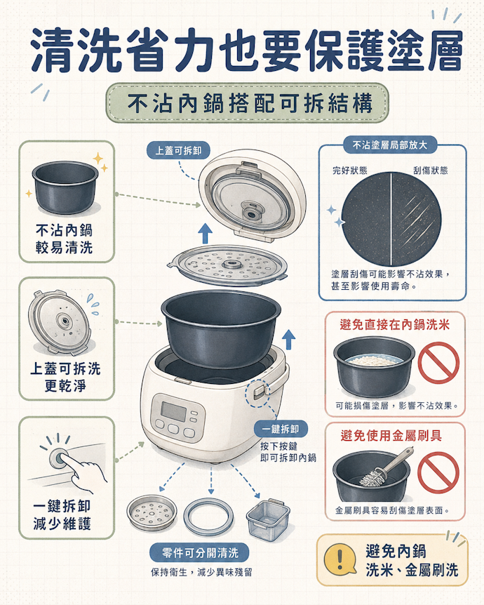 如果在意清洗便利性,選不沾塗層內鍋及可拆洗的款式