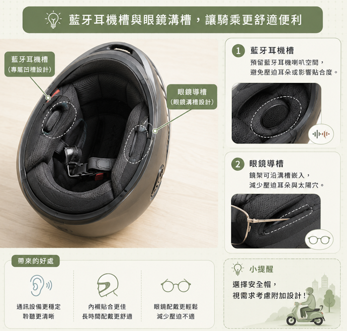 藍牙耳機槽與眼鏡溝槽能提升舒適便利性
