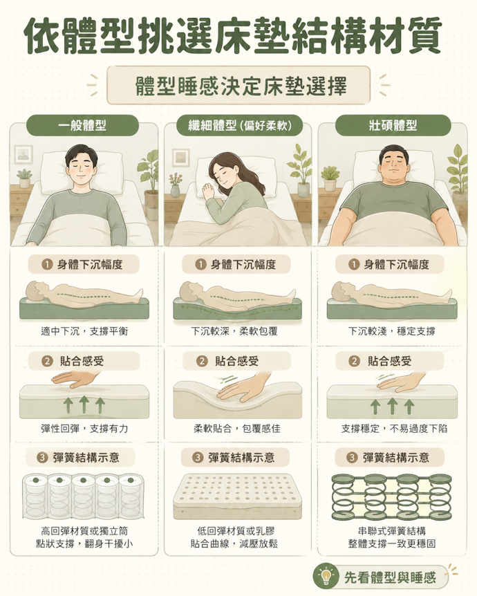 無彈簧床墊先從高回彈著手,體型纖細或偏好軟床可挑低回彈或乳膠款
