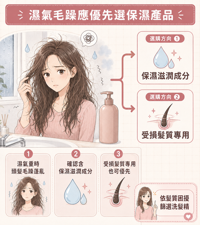 容易因濕氣而毛躁蓬亂:以注重保濕的產品為佳