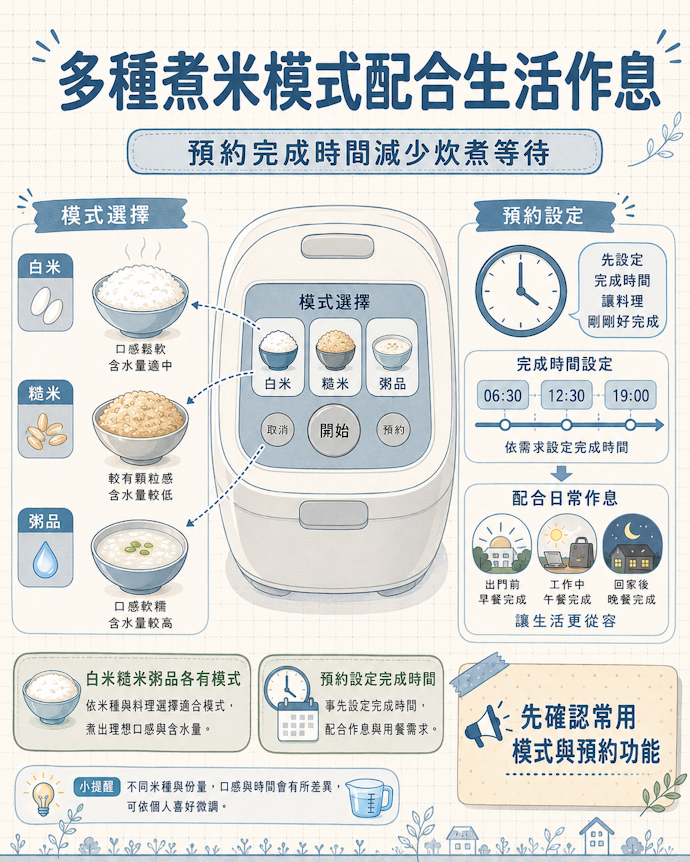 必備多種煮米功能與預約功能,減少等待並提升料理穩定度