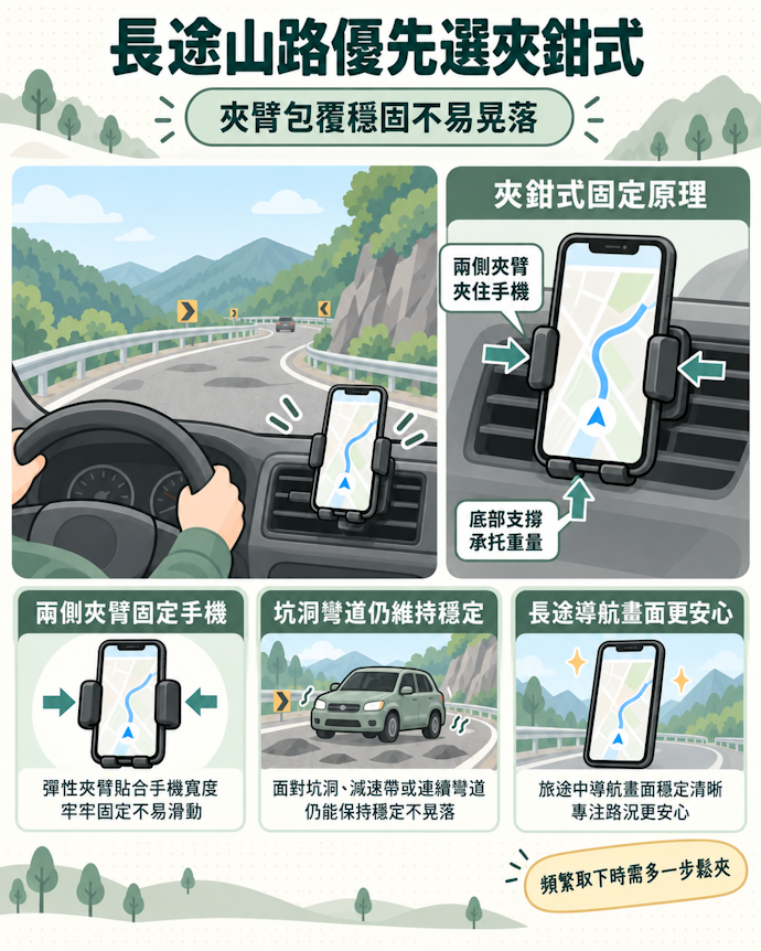 夾鉗式固定力最強,長途或山路行駛更有保障