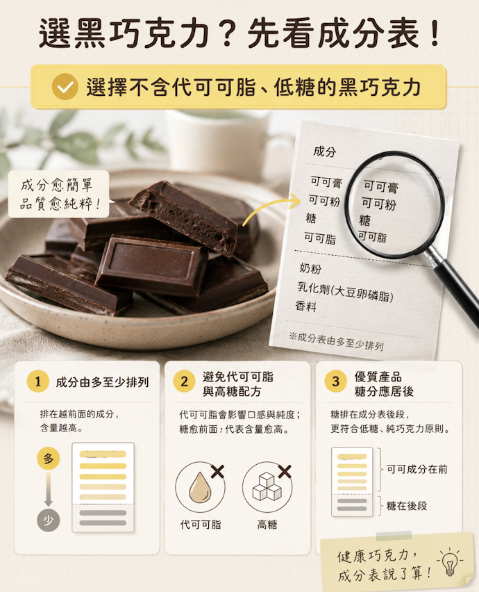 確認成分表,並避開代可可脂與高糖配方
