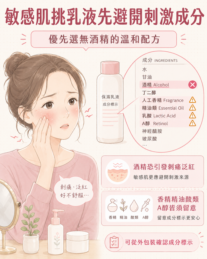 敏感肌應避免可能造成刺激的酒精與A醇