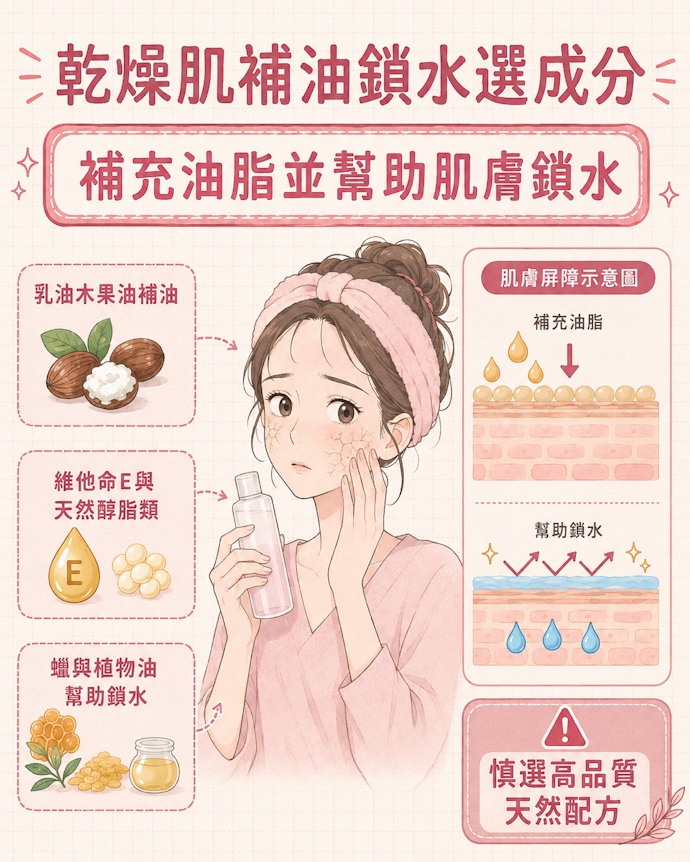 乾燥肌要靠乳油木果油或醇類、脂類來加強滋潤