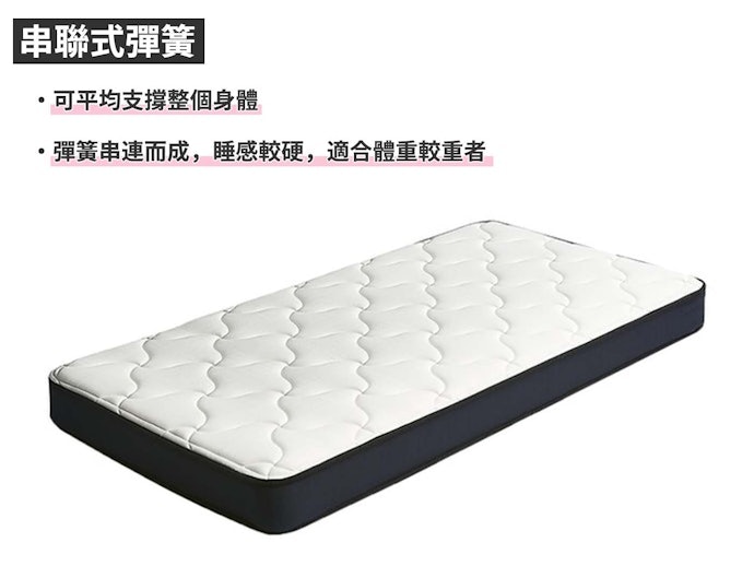 彈簧床墊以獨立筒款較貼合人體且穩定,體格較壯者再考慮串聯式