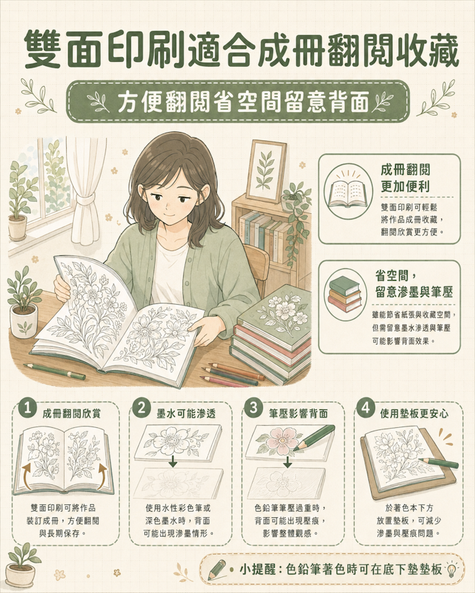 想平放收藏、成冊欣賞的話,「雙面印刷」會更適合