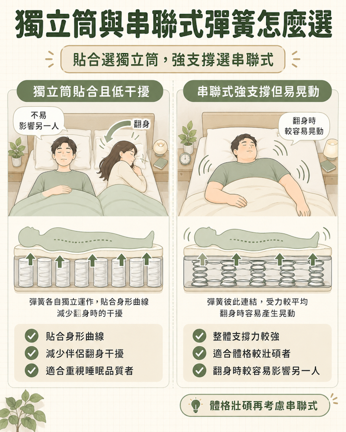彈簧床墊以獨立筒款較貼合人體且穩定,體格較壯者再考慮串聯式
