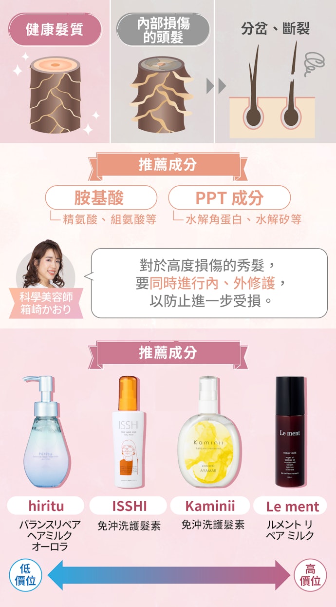 髮質嚴重受損者,留意含有2種內部修護成分及3種外部修護成分的產品