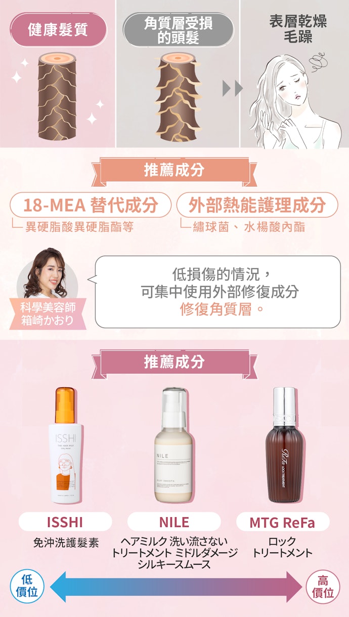髮質輕微受損者,選擇含有外部修護成分的產品即可