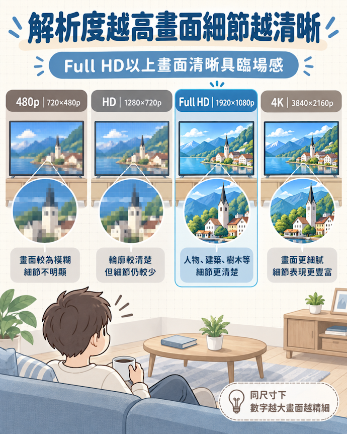 解析度:Full HD以上規格較具臨場感