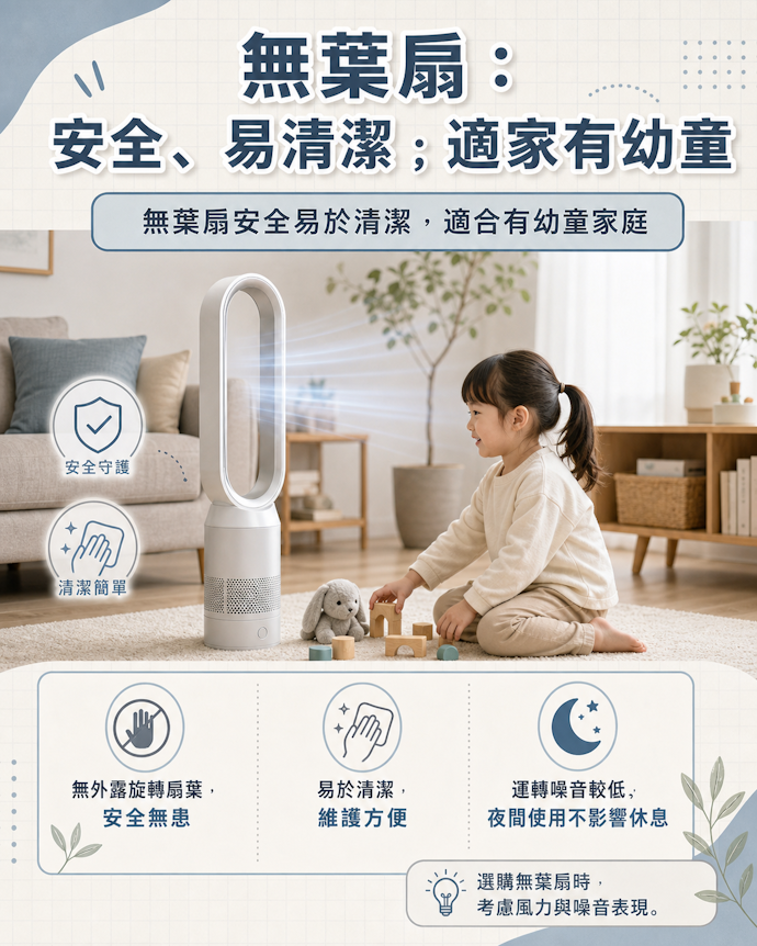 家有幼童或注重清潔,無葉扇安全又好維護