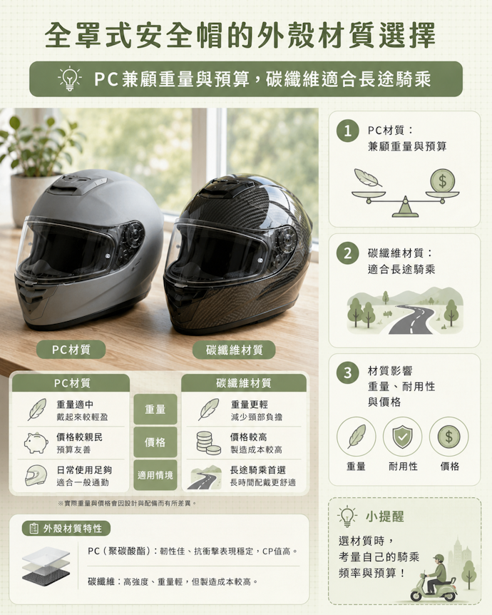 PC能兼顧重量與預算,長途騎乘以碳纖維最輕盈
