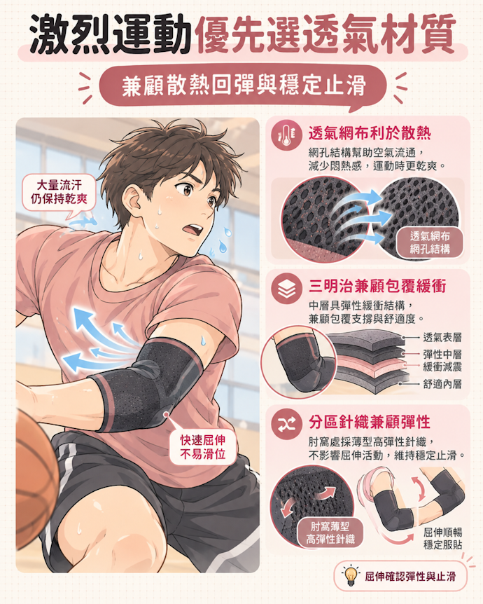 激烈運動以透氣網布或三明治材質為佳