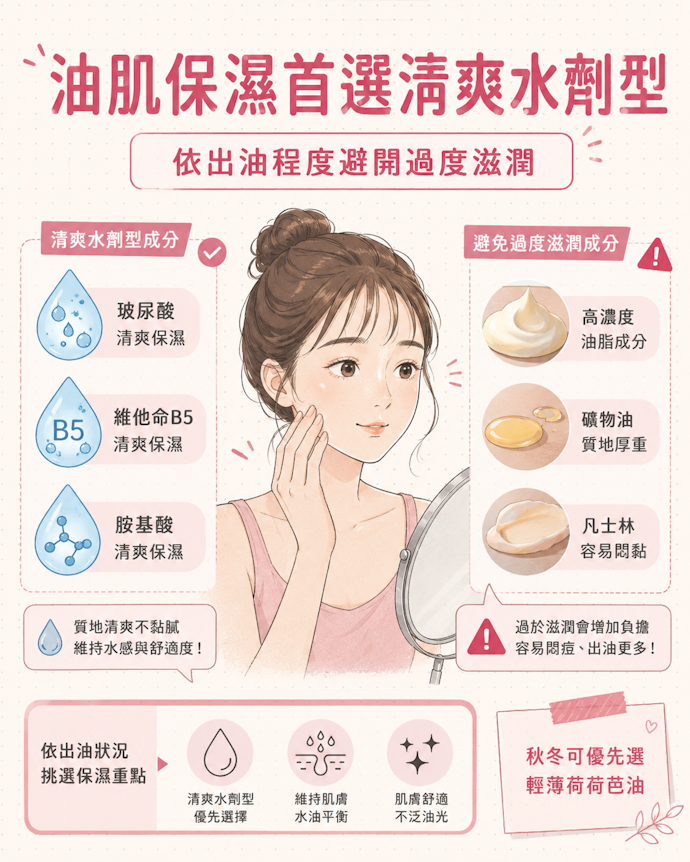 油肌、偏油混合肌適合玻尿酸等不油膩的水劑型保濕成分