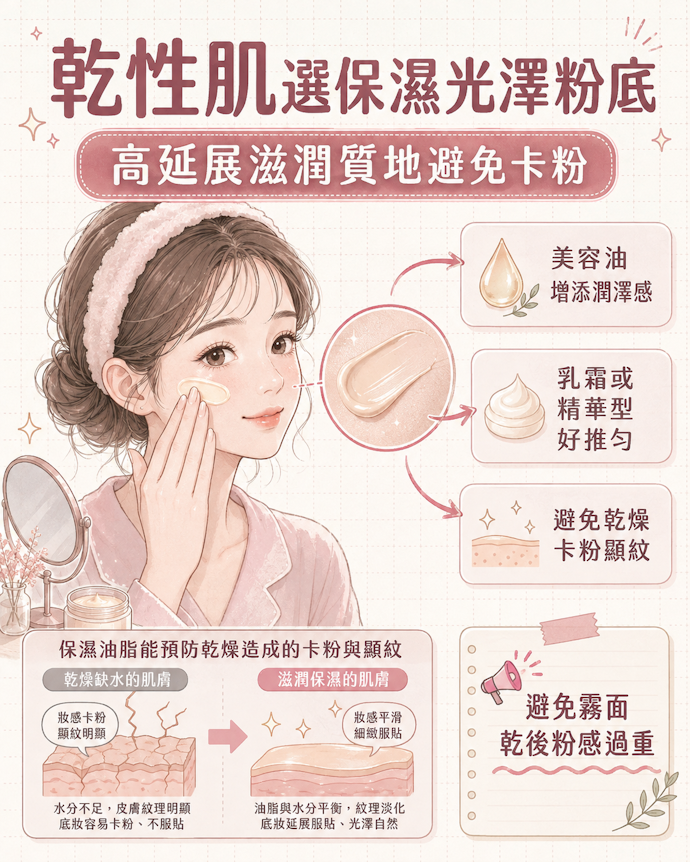 乾性肌要選保濕力及延展性佳的光澤質地以免卡粉