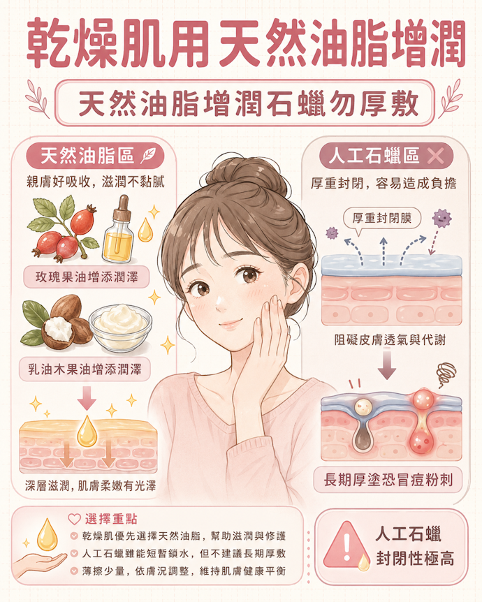 乾燥肌可以油脂類成分增加水潤度