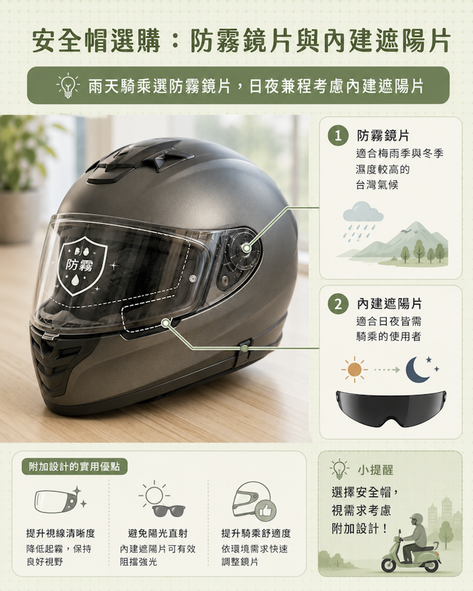 雨天騎乘應有防霧鏡片,日夜兼程者可選內建遮陽片